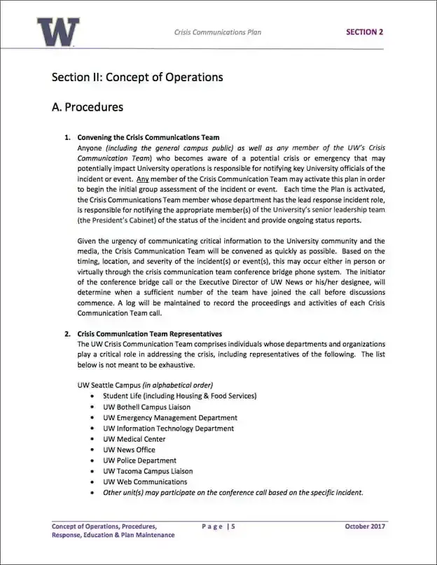 university of washington's crisis communications plan