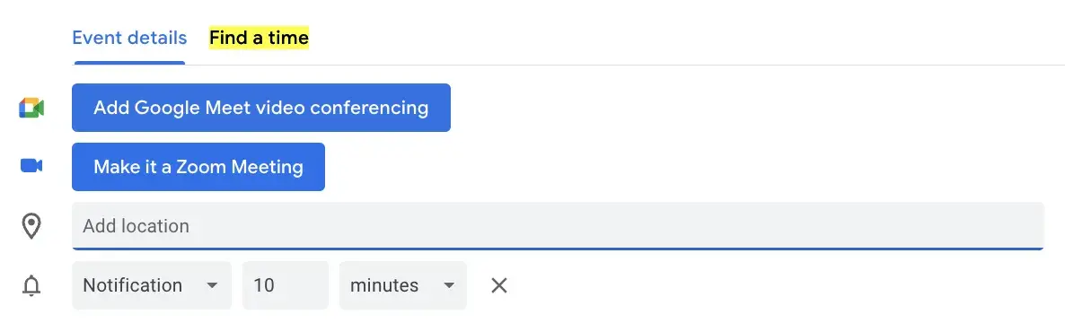 how to find a meeting time with google calendar, find a time button
