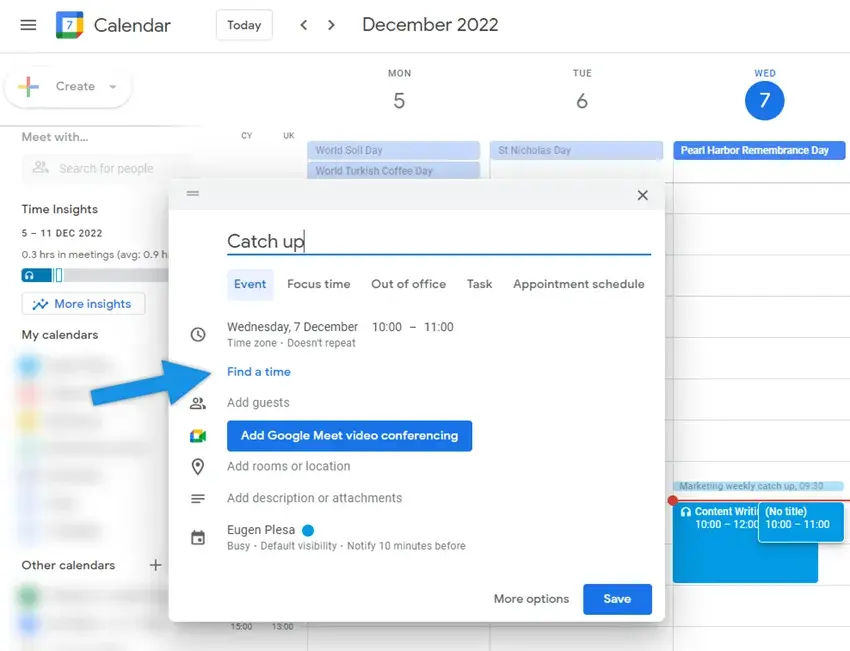 example of google calendar “find a time” feature