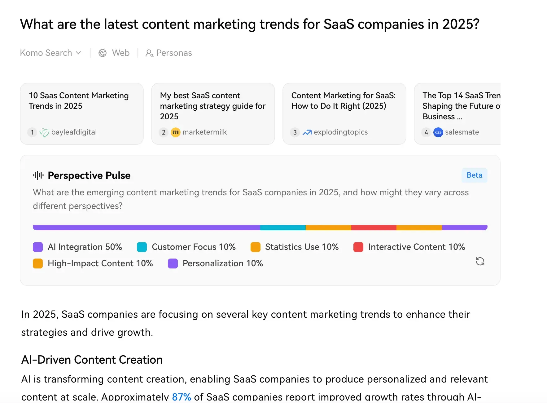 screenshot of komo’s search engine results page, featuring a “perspective pulse” that color-codes a line graph according to trend. ai integration 50%, customer focus 10%, statistics use 10%, interactive content 10%, high-impact content 10%, personalization 10%.