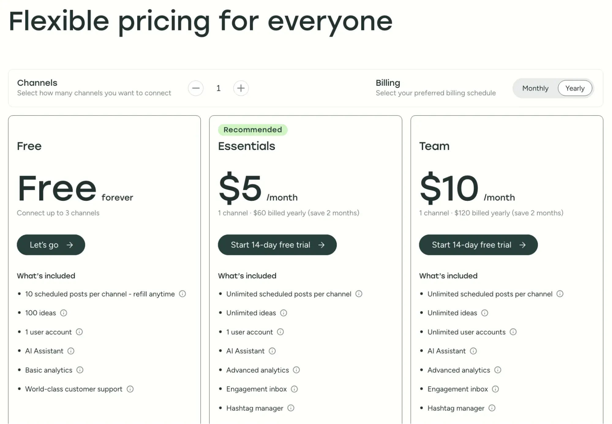 buffer offers a free trial as part of its content marketing funnel.https://buffer.com/pricing