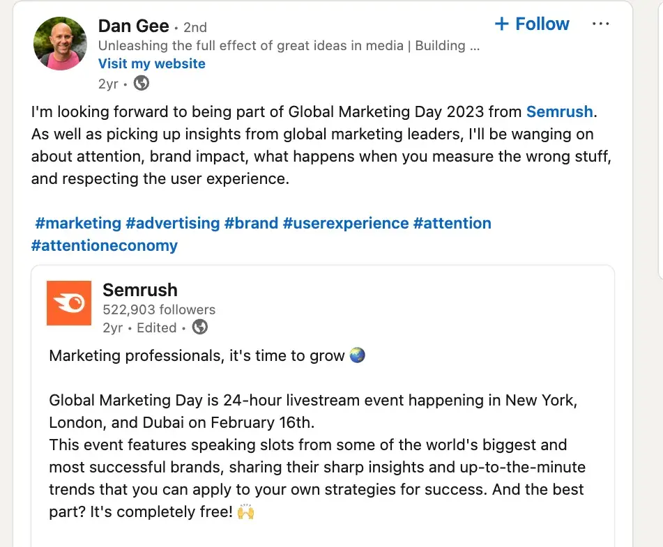 dan gee reposts about semrush’s global marketing day