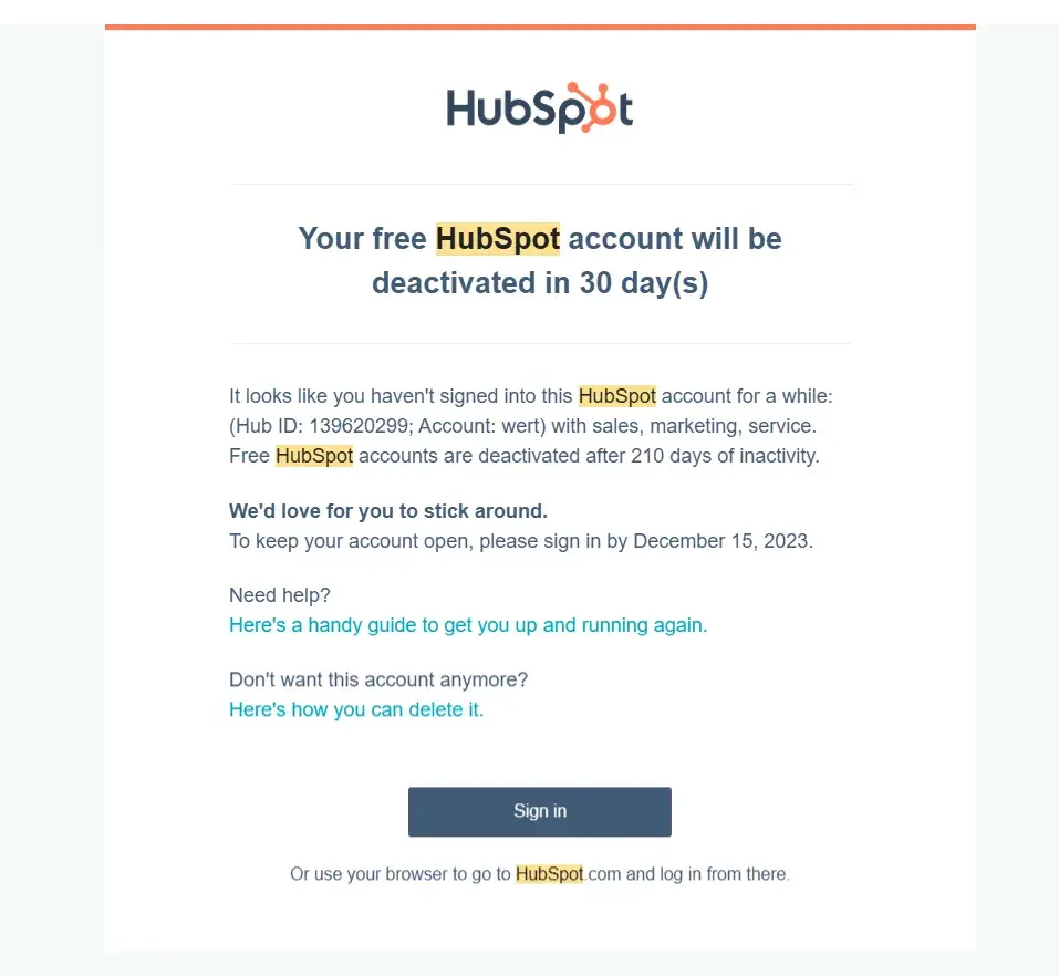 re-engagement email sequence example from hubpsot