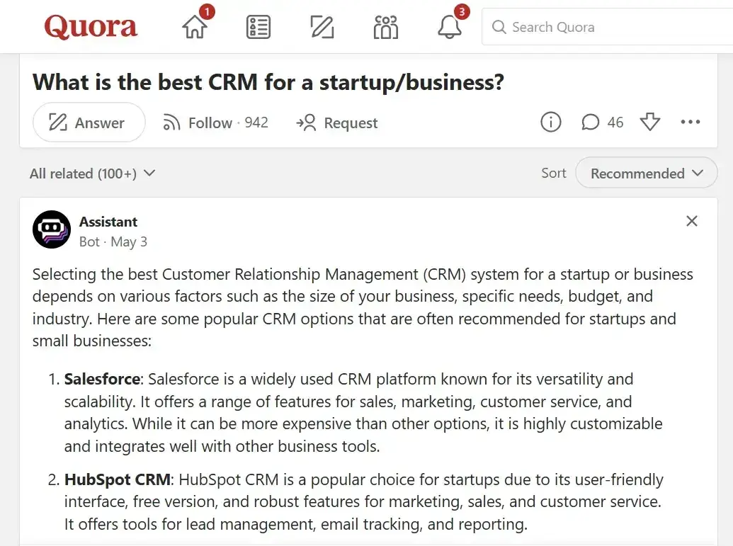 screenshot of a quora question: “what is the best crm for a startup/business?”