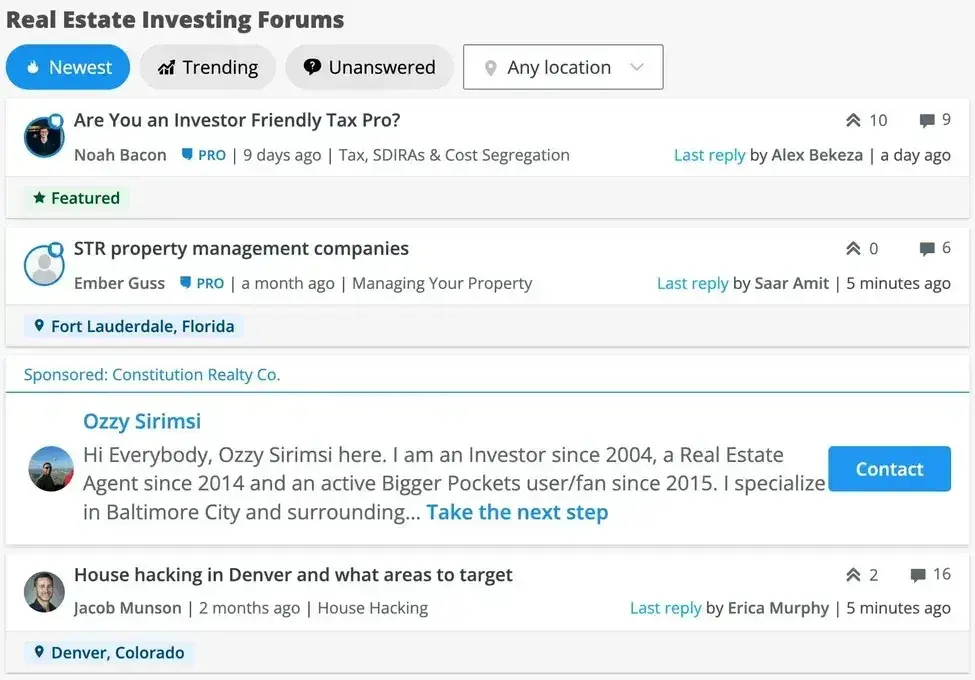 screenshot from big pockets’ real estate investing forums.