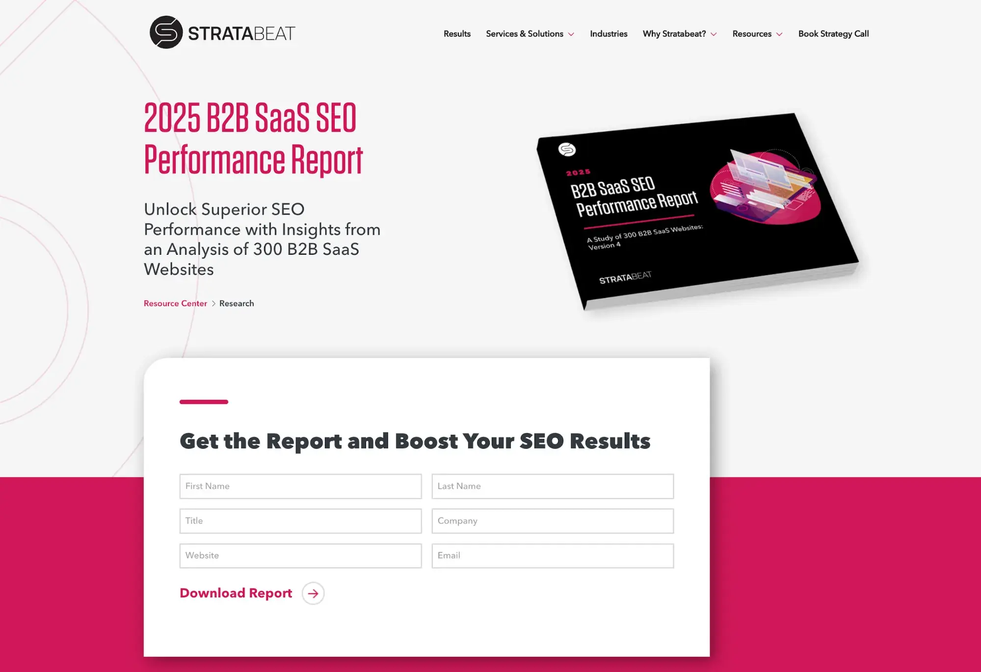 screenshot of stratabeat’s gated content landing page for its 2025 b2b saas seo performance report.https://stratabeat.com/research/b2b-saas-seo-study/