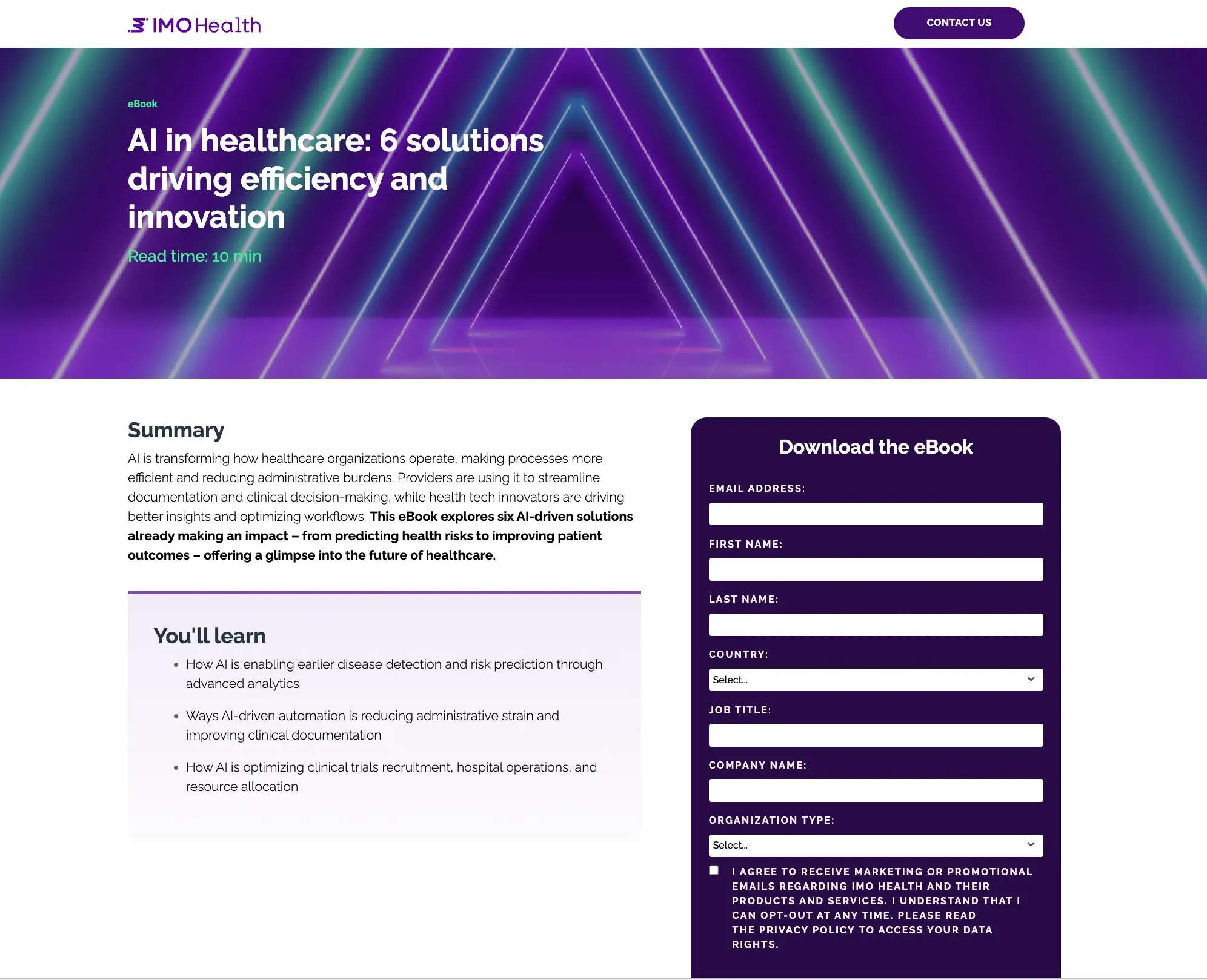 screenshot of a gated content landing page from imo health, offering an ebook entitled “ai in healthcare: 6 solutions driving efficiency and innovation.”https://go.imohealth.com/ct-na-250313-ai-in-hospitals-and-beyond_landingpage.html