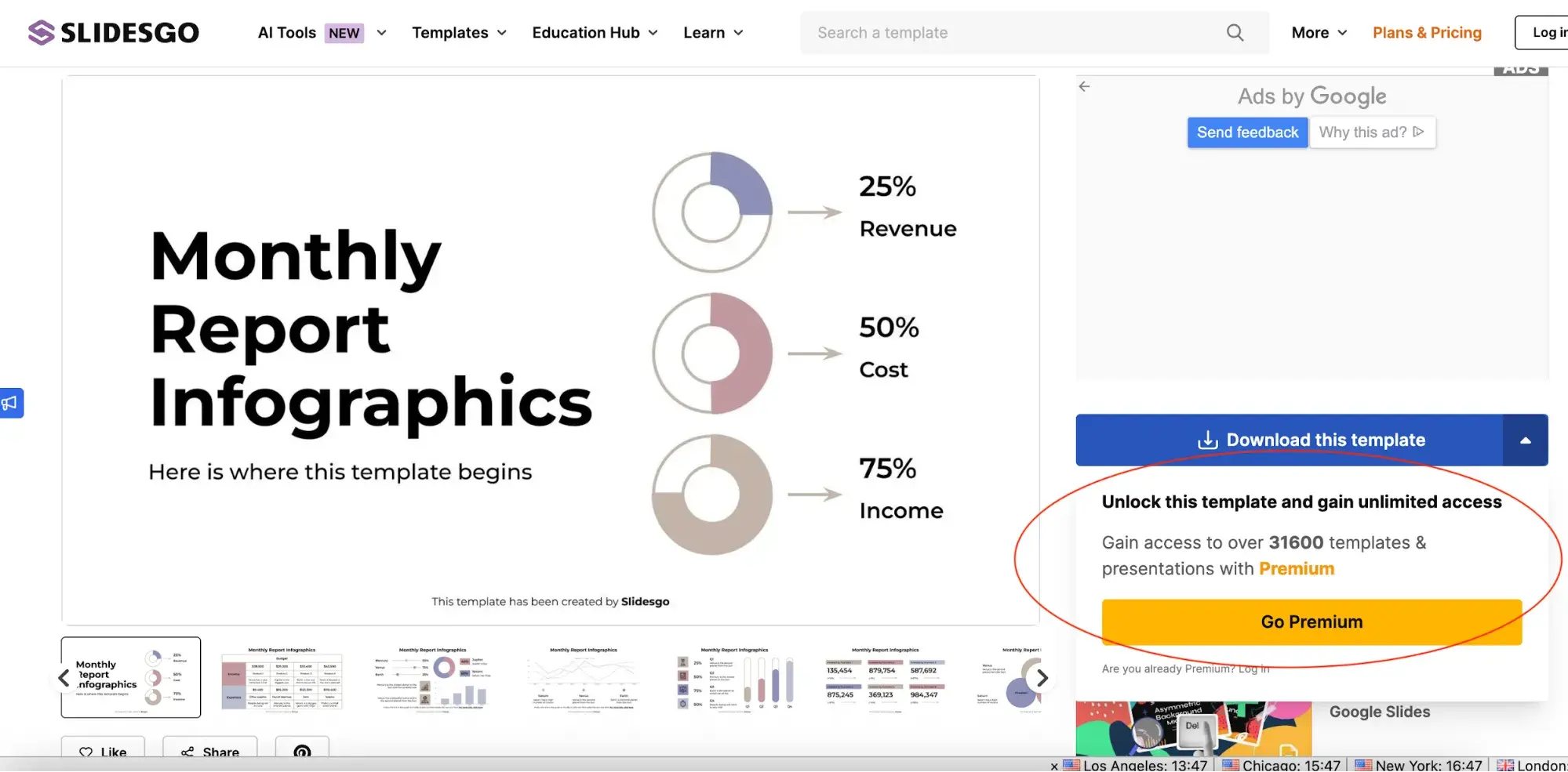 screenshot of slidesgo’s gated template for monthly report infographics.https://slidesgo.com/theme/monthly-report-infographics-professional