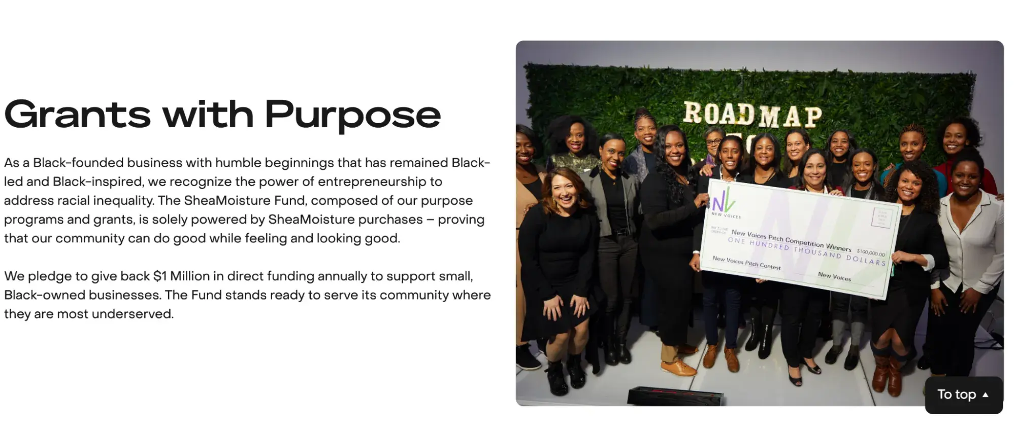 a screenshot of the shea moisture grants homepage with a photo of grant recipients holding a check
