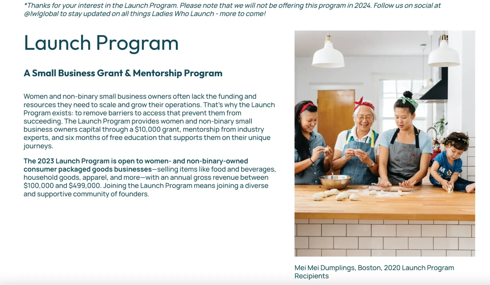 a screenshot of the ladies who launch website homepage with an image of the founders of mei mei dumplings, a boston owned local business and former ladies who launch grant winner