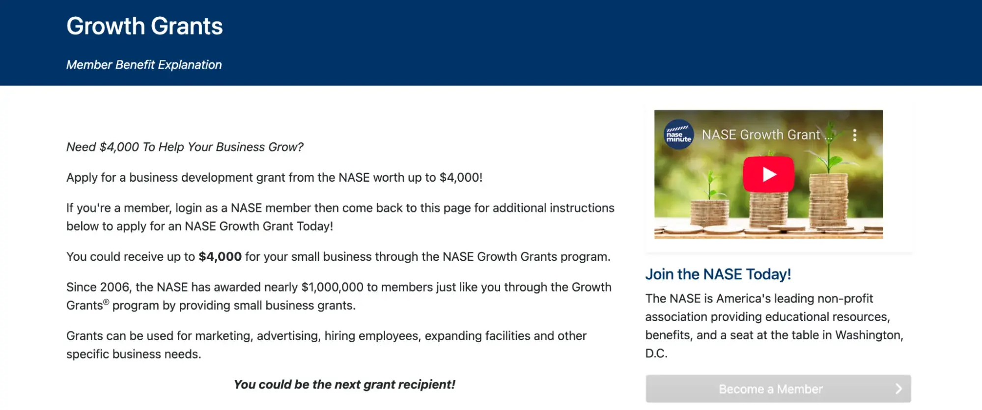 a screenshot of the NASE growth grant site page