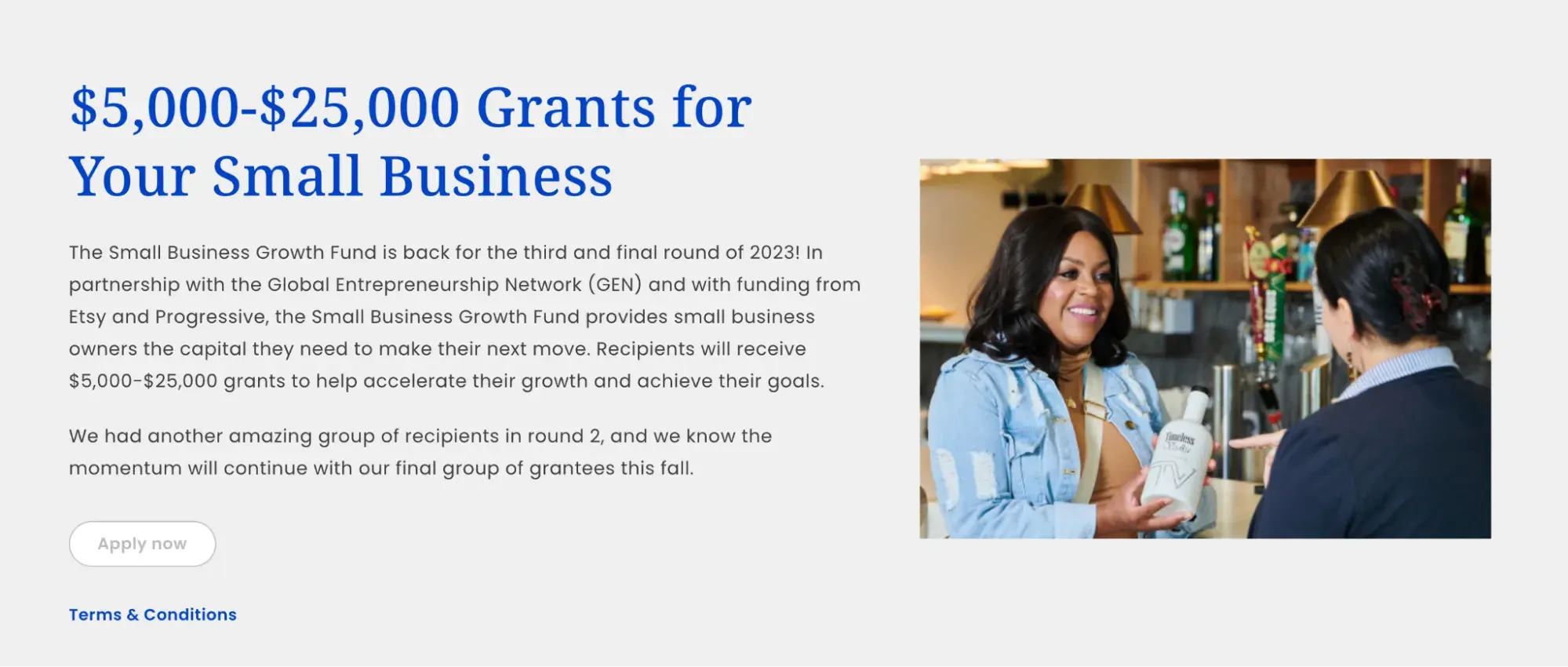 a screenshot of the small business growth fund homepage with a photo of a entrepreneurs of color chatting next it