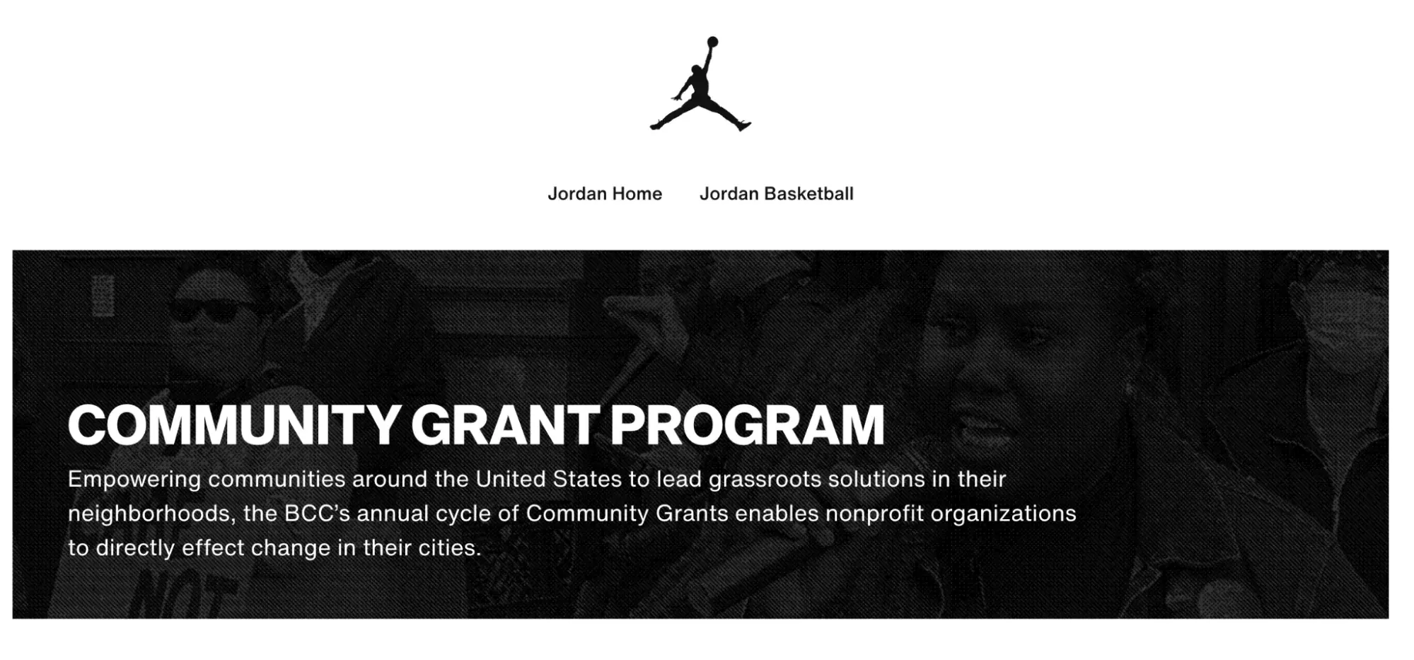 a screenshot of the nike x jordan black community commitment grant homepage with the jordan logo above it