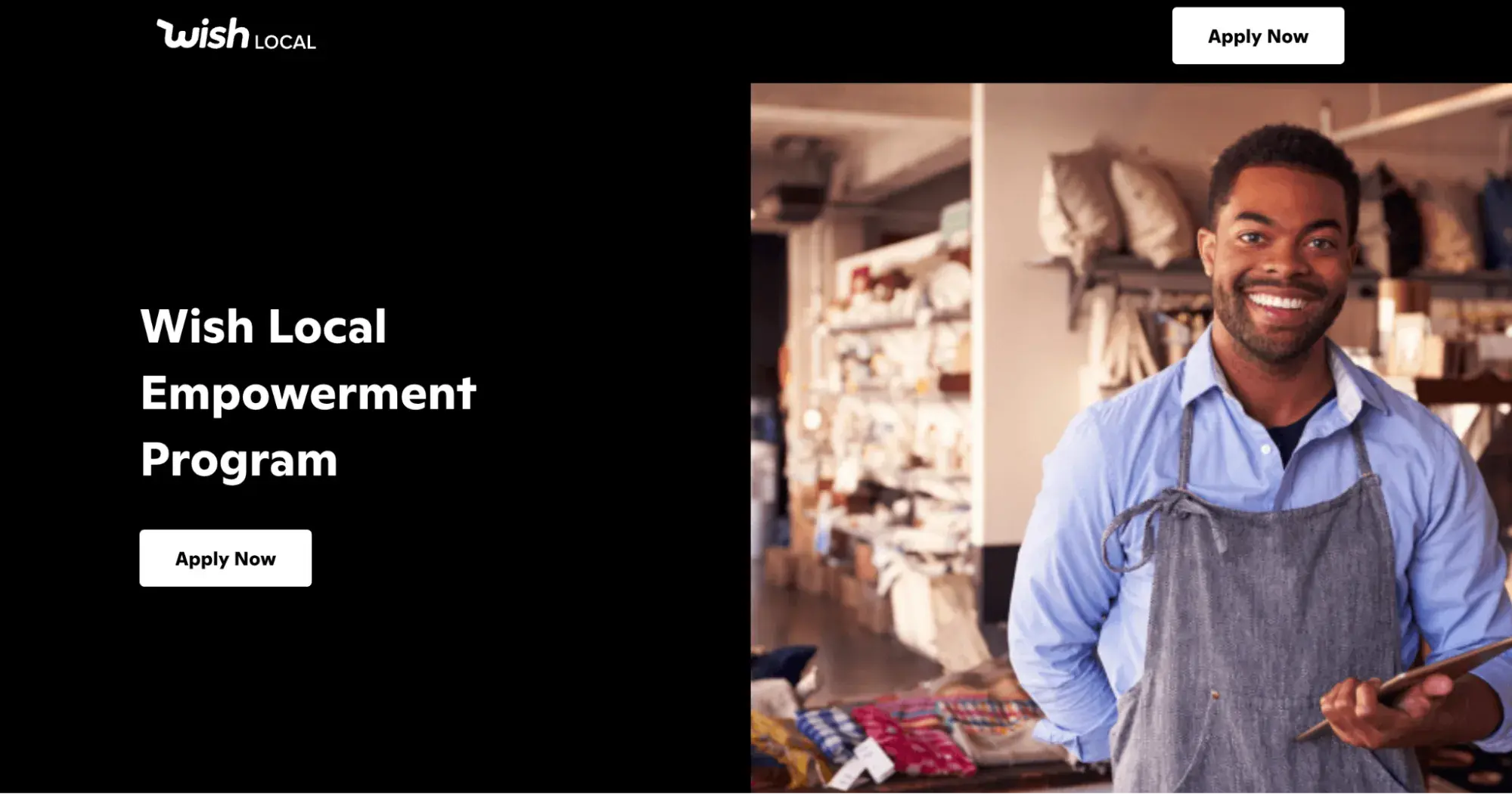  a screenshot of the wish local empowerment grant homepage with a photo of a black business owner next to the application button