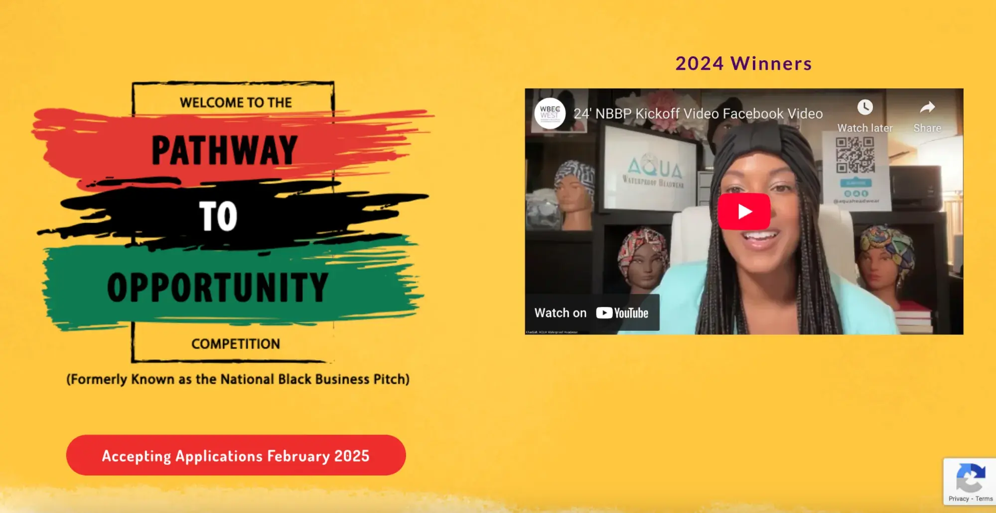 a screenshot of the pathway to opportunity pitch competition homepage with red, black, green, and yellow colors next to a youtube video explaining what the pitch competition is