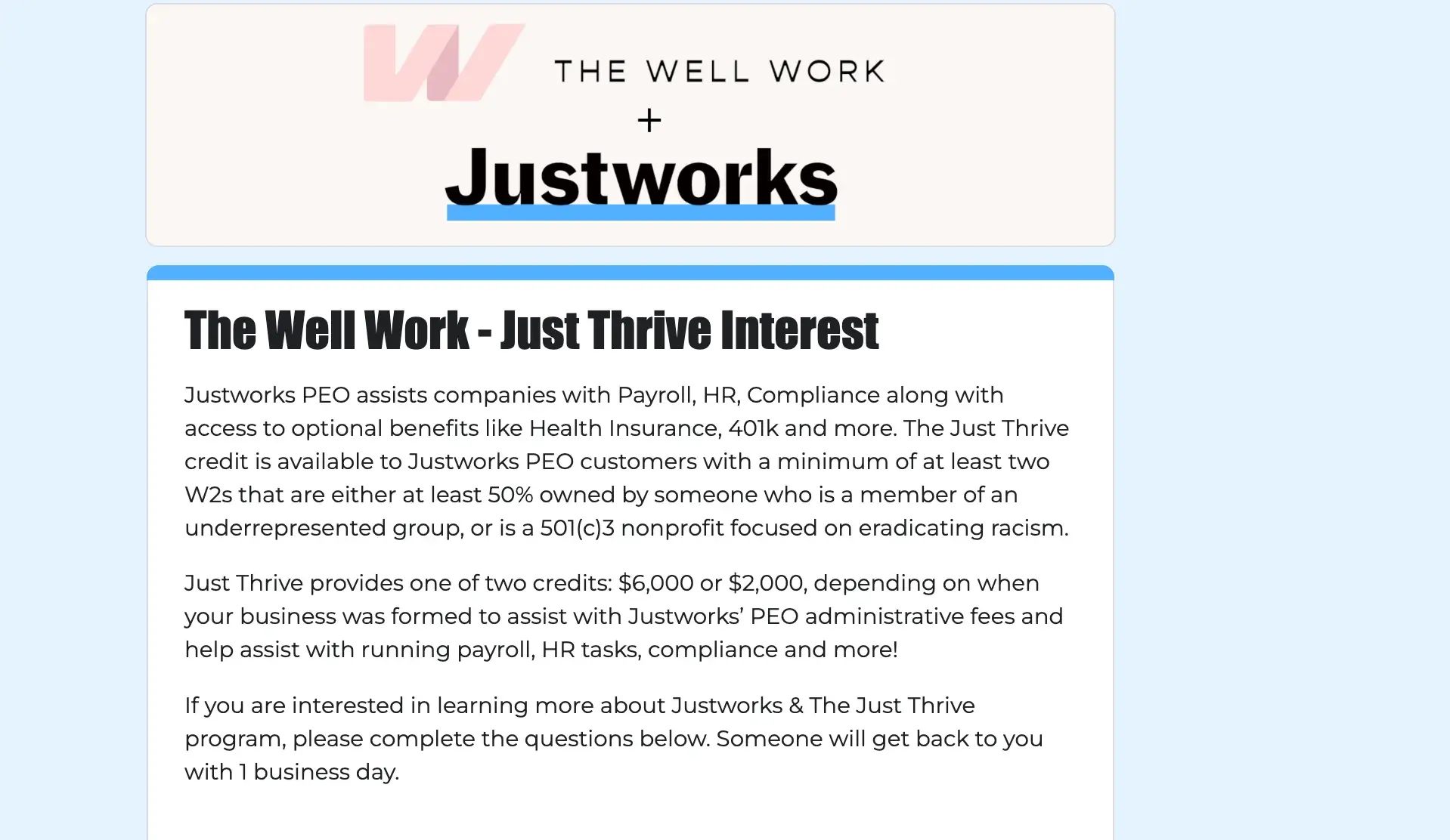 a screenshot of the well work and justworks grant/program application