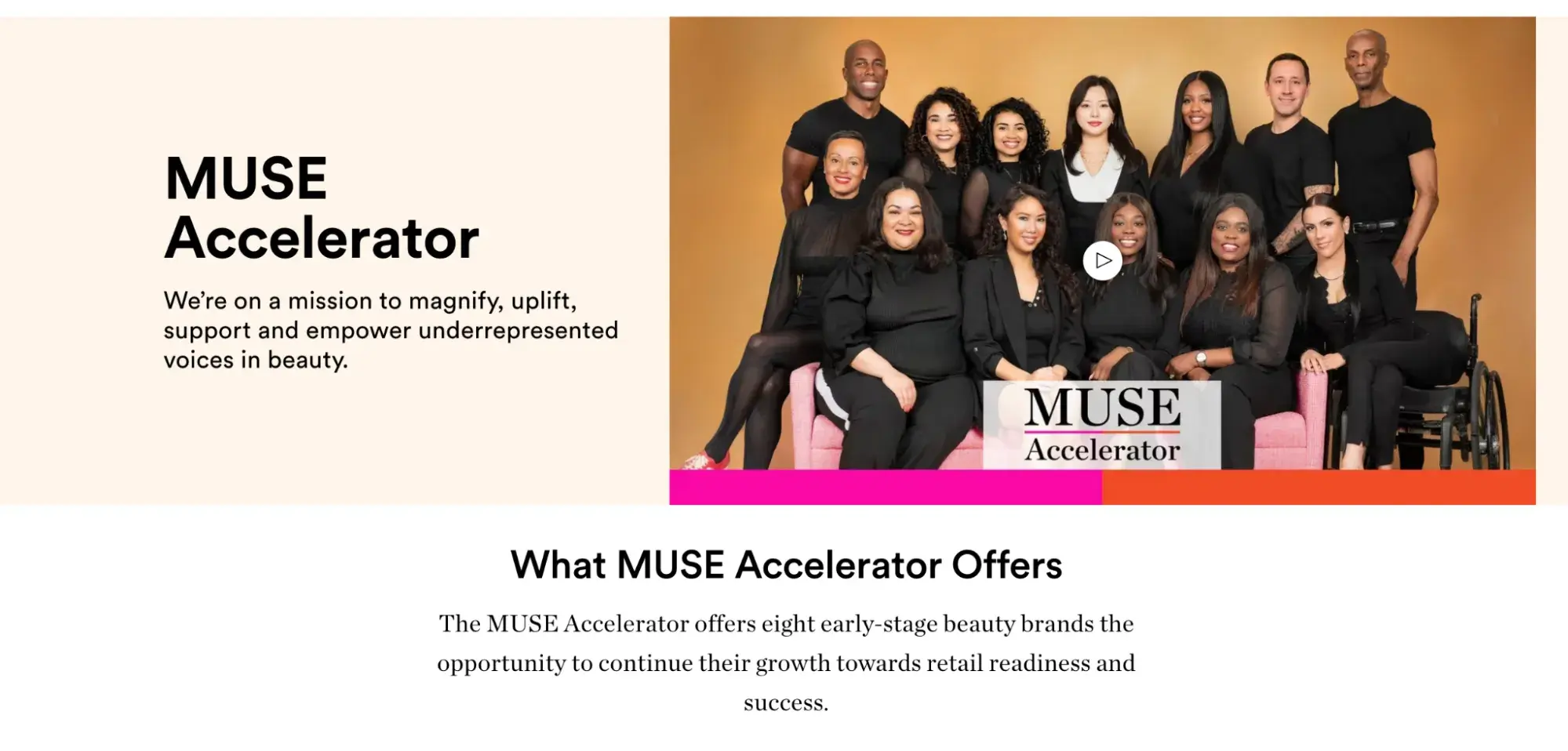 a screenshot of the Ulta Beauty Muse accelerator grant/program with a photo of its diverse participants and grantees gathered in front of a gold background