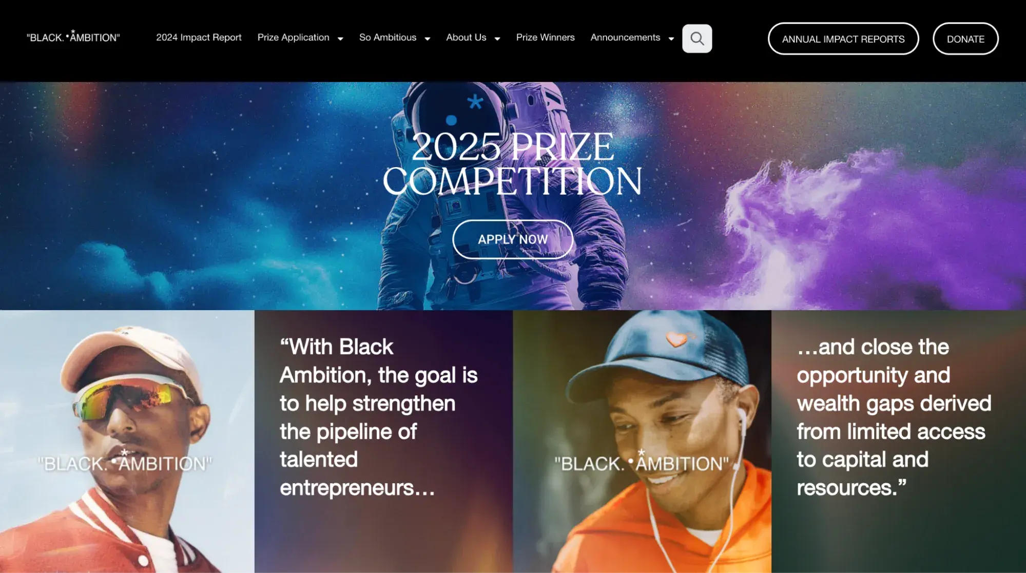 a screenshot of the black ambition prize grant homepage with photos of and quotes by pharrell williams