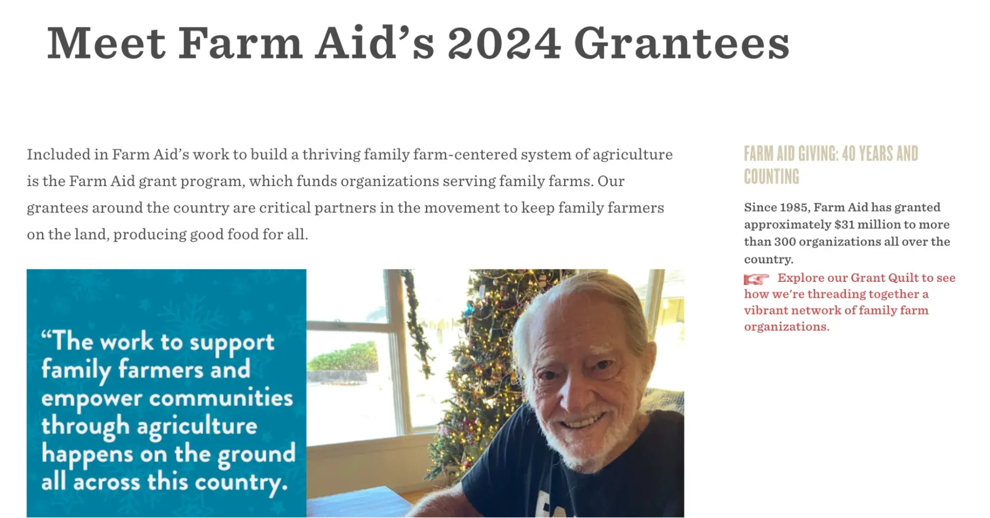 a screenshot of farm aid website homepage with a photo of a 2024 grantee and a quote from him about work being done to support family farmers