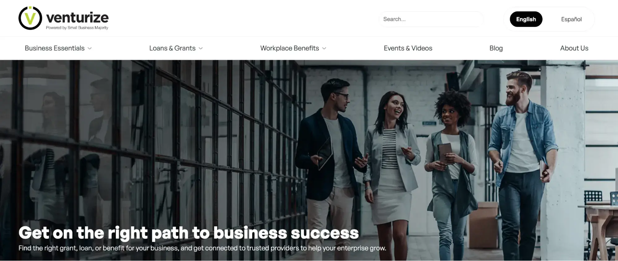 a screenshot of the venturize homepage featuring an image of entrepreneurs walking alongside one another