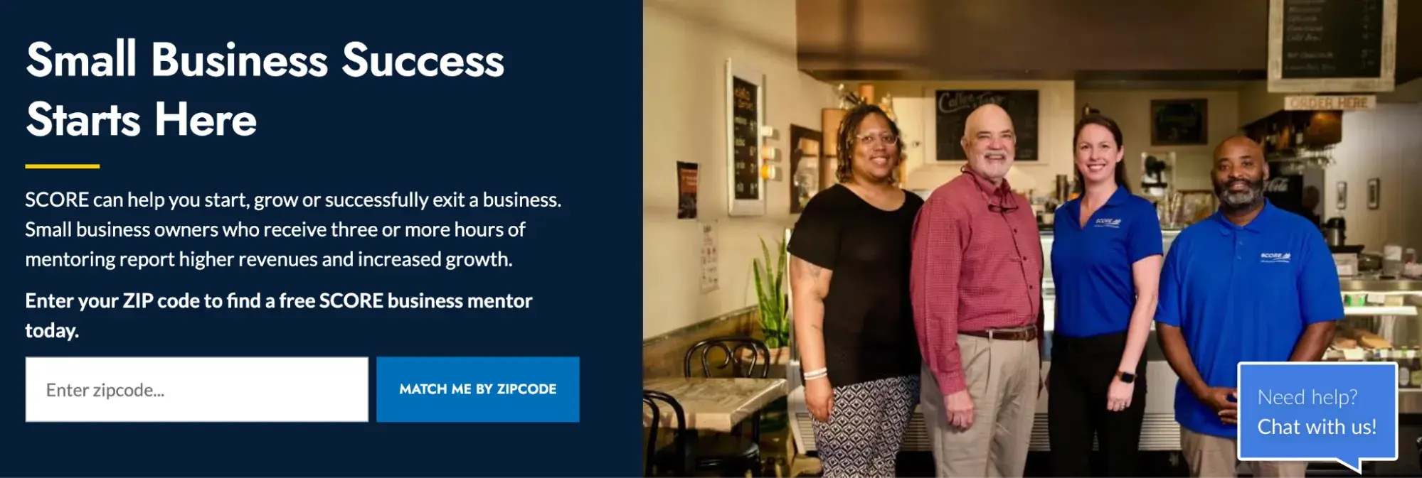 a screenshot of the SCORE website homepage featuring a photo of a diverse group of SCORE volunteers