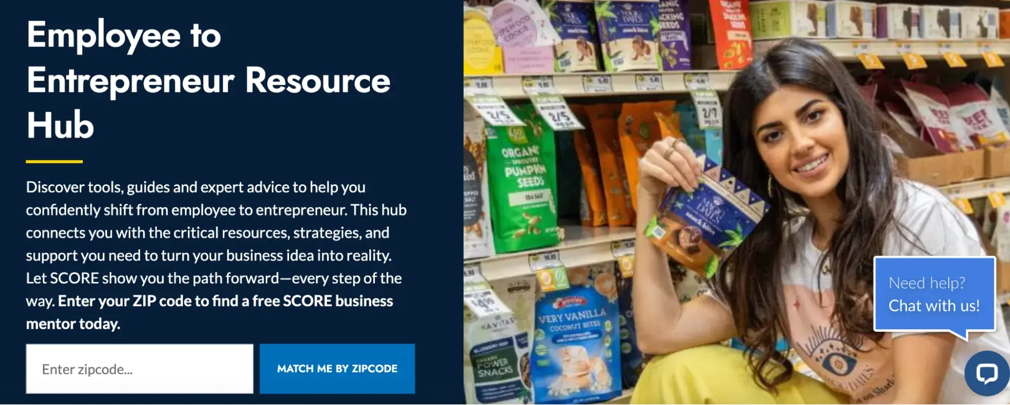 a screenshot of the SCORE employee to entrepreneur resource hub site page with a poto of a south asian woman holding her product in-store