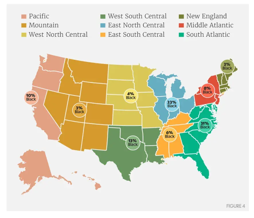 a screenshot of a visual graph representing the percentage of black-owned businesses based on geographic location from the U.S. from the Center for Entrepreneurial Opportunity’s 2024 State of Black Business Report