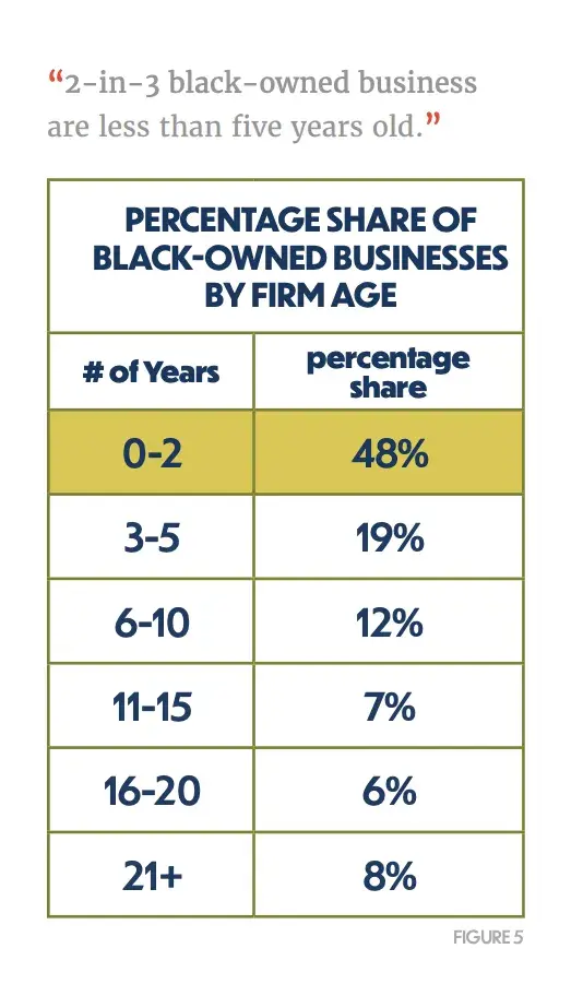 a screenshot of a visual table representing the percentage share of black-owned businesses based on firm age from the Center for Entrepreneurial Opportunity’s 2024 State of Black Business Report