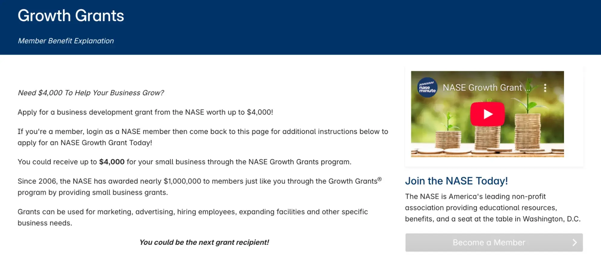  a screenshot of the National Association for the Self-Employed (NASE) Growth Grants application page