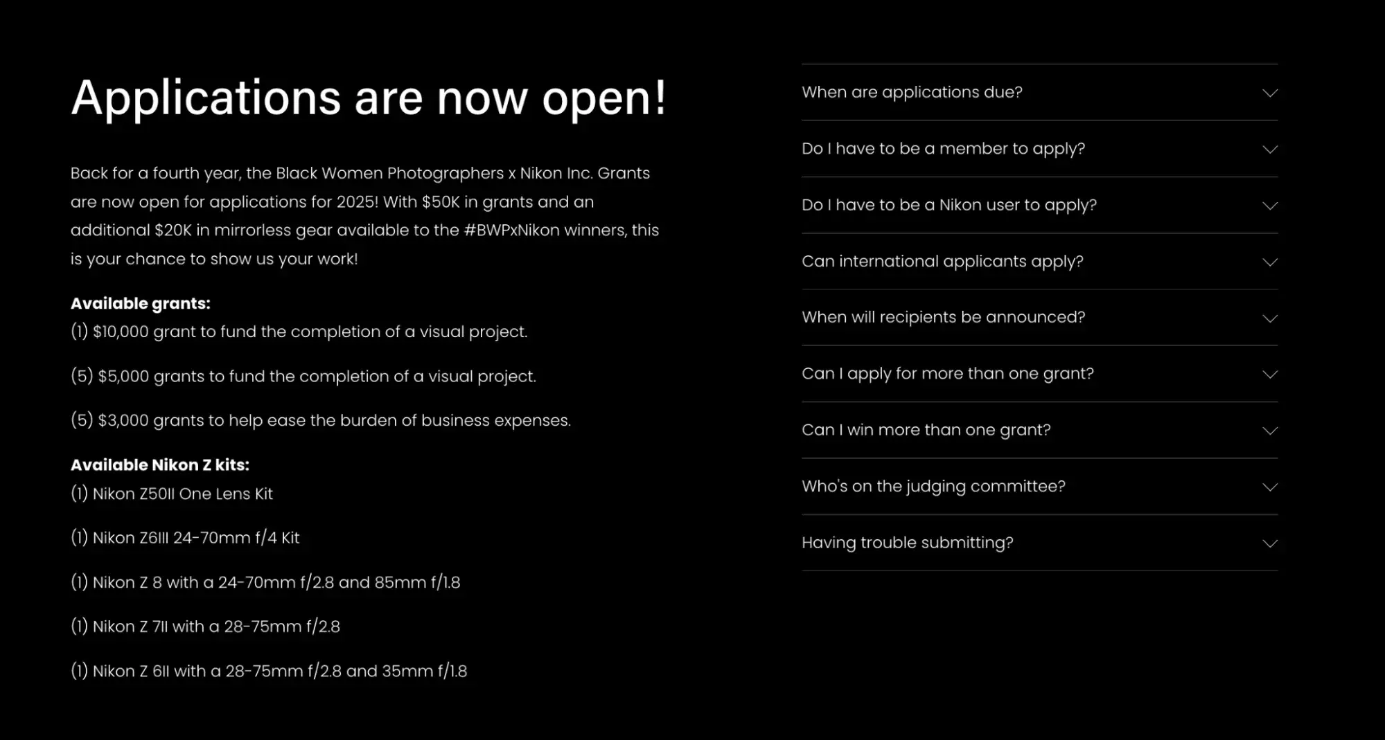 a screenshot of the black women photographers x nikon inc. grants “about” page