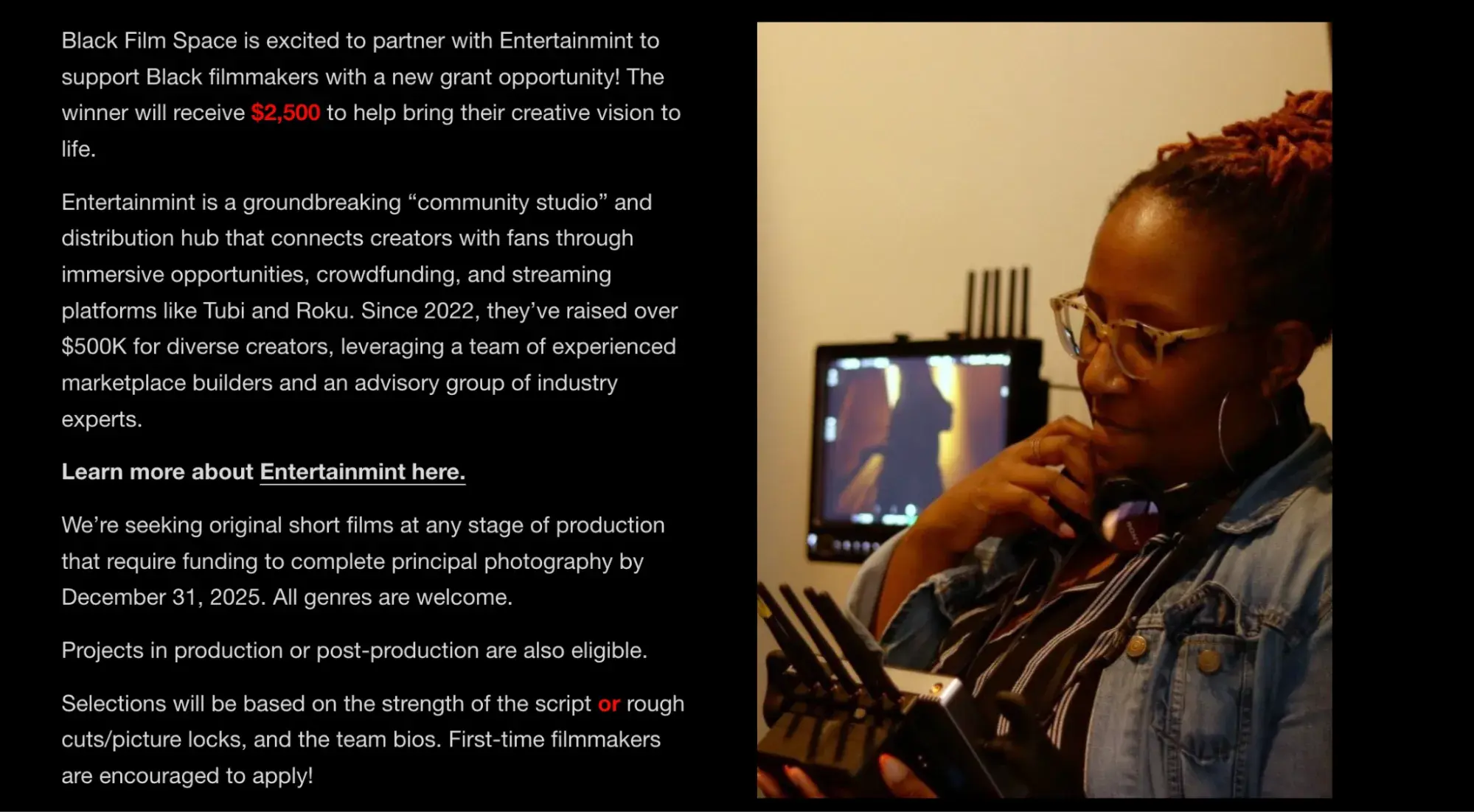 a screenshot of the black film space x entertainmint short film grant “about” page