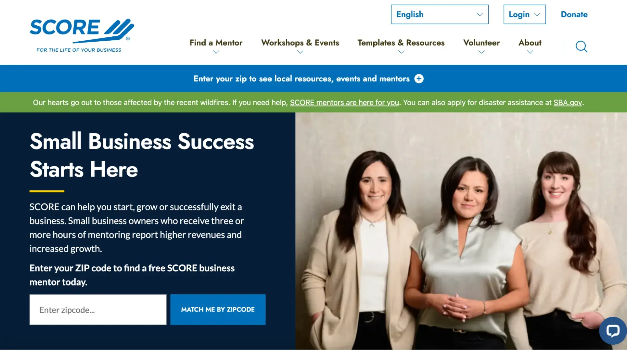 a screenshot of the SCORE website homepage