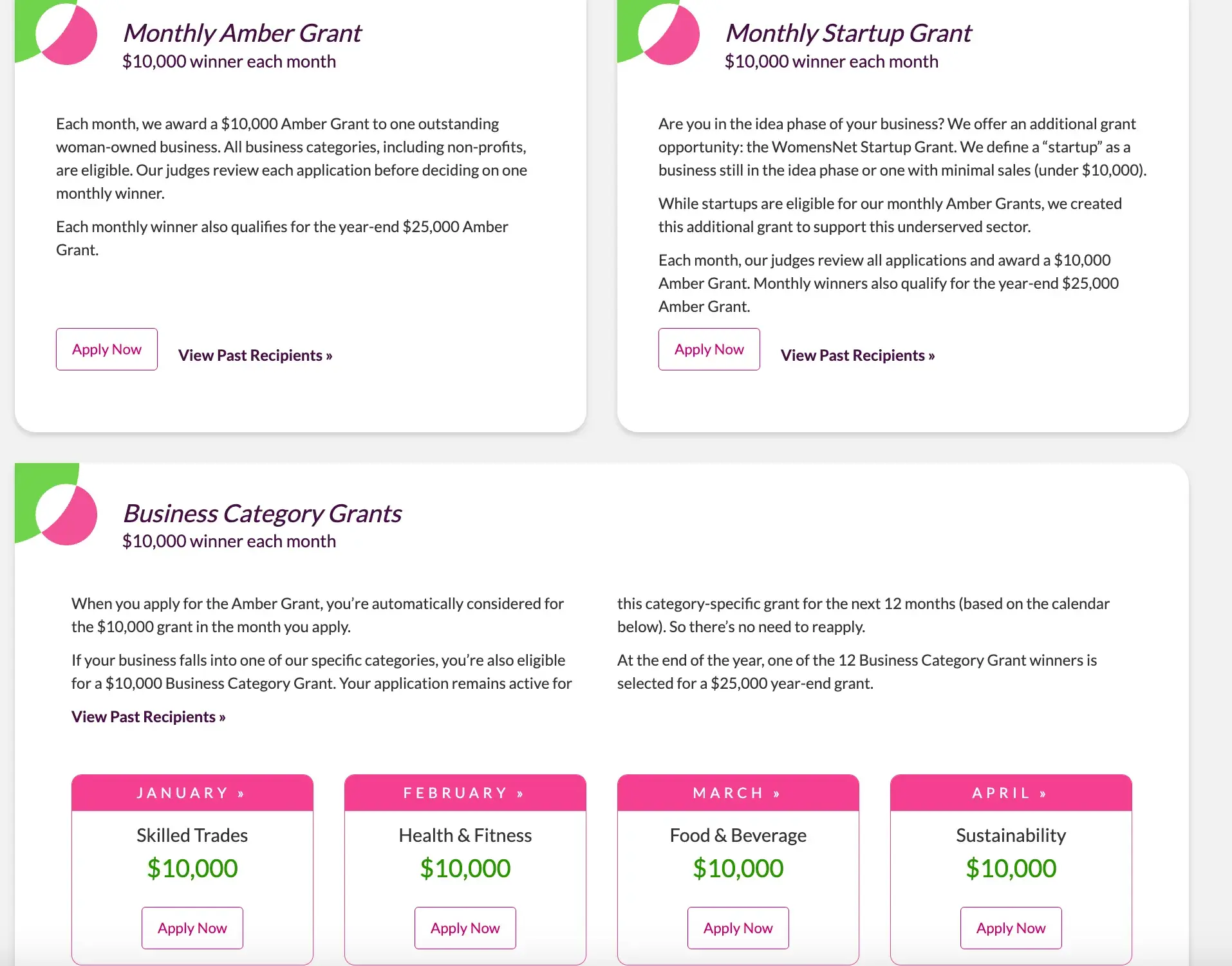 a screenshot of the womensnet grant application page detailing what each grant they offer is