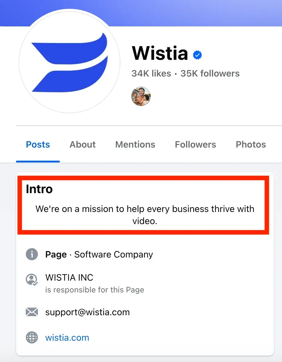 wistia facebook page screenshot