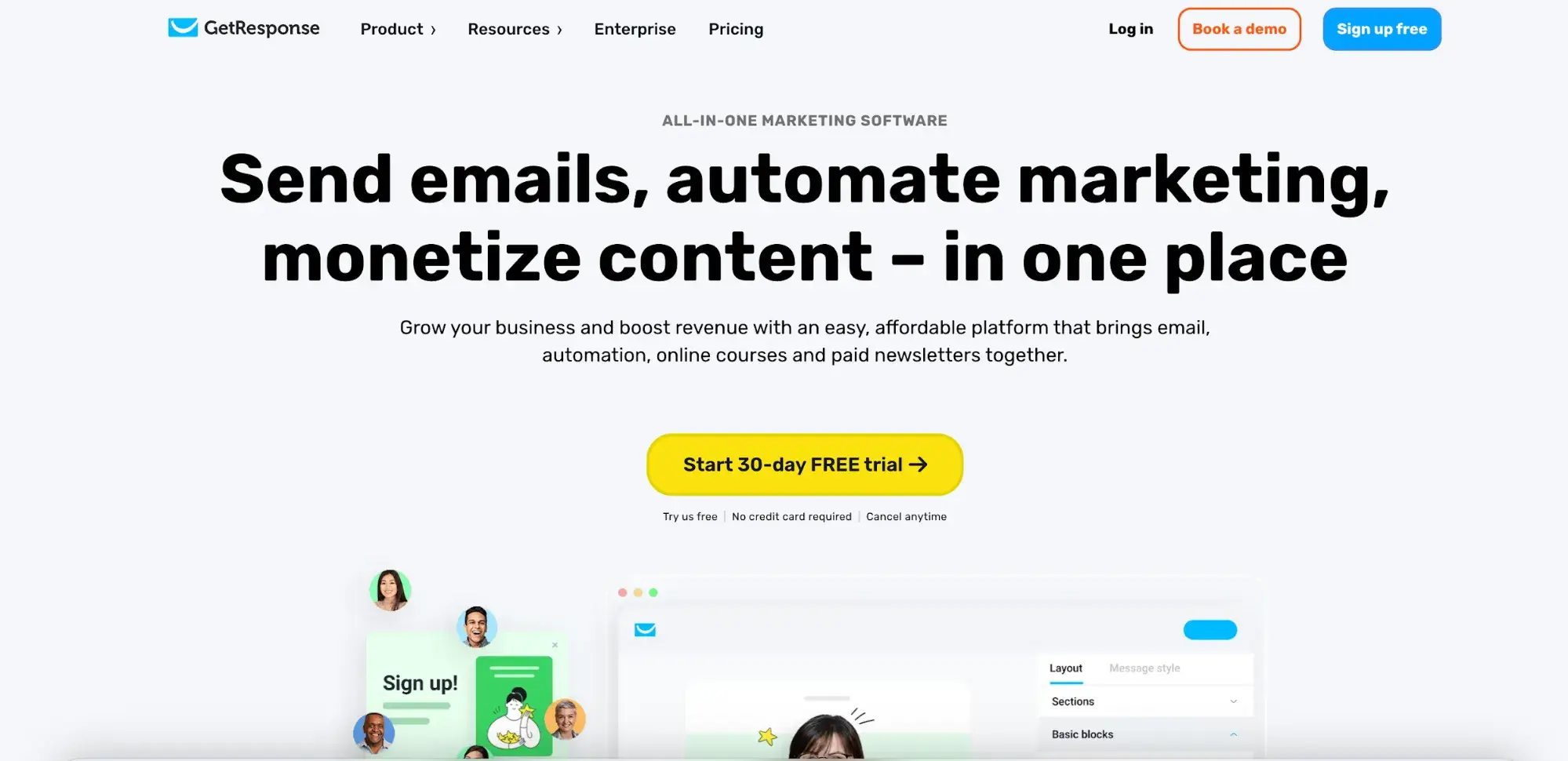 screenshot of getresponse.com’s simple landing page. “send emails, automate marketing, monetize content — in one place.” https://www.getresponse.com/