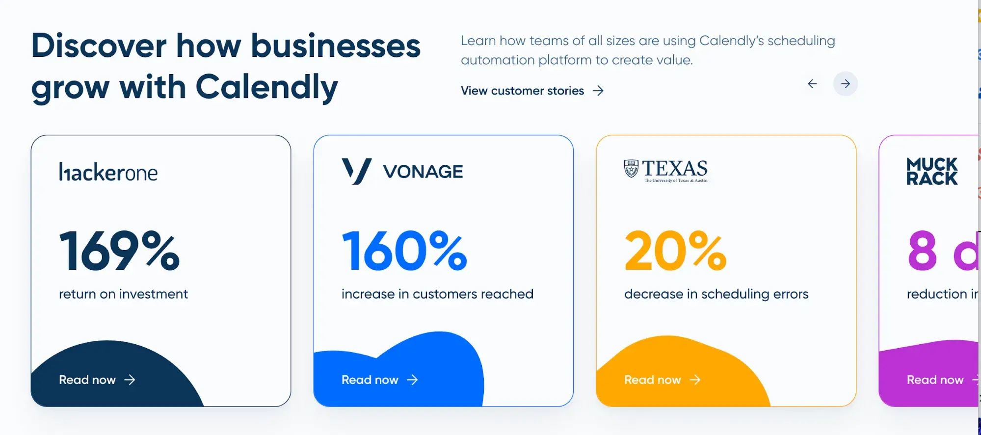 screenshot of calendly.com. “discover how businesses grow with calendly. hackerone: 169% return on investment. vonage: 160% increase in customers reached. university of texas at austin: 20% decrease in scheduling errors.”