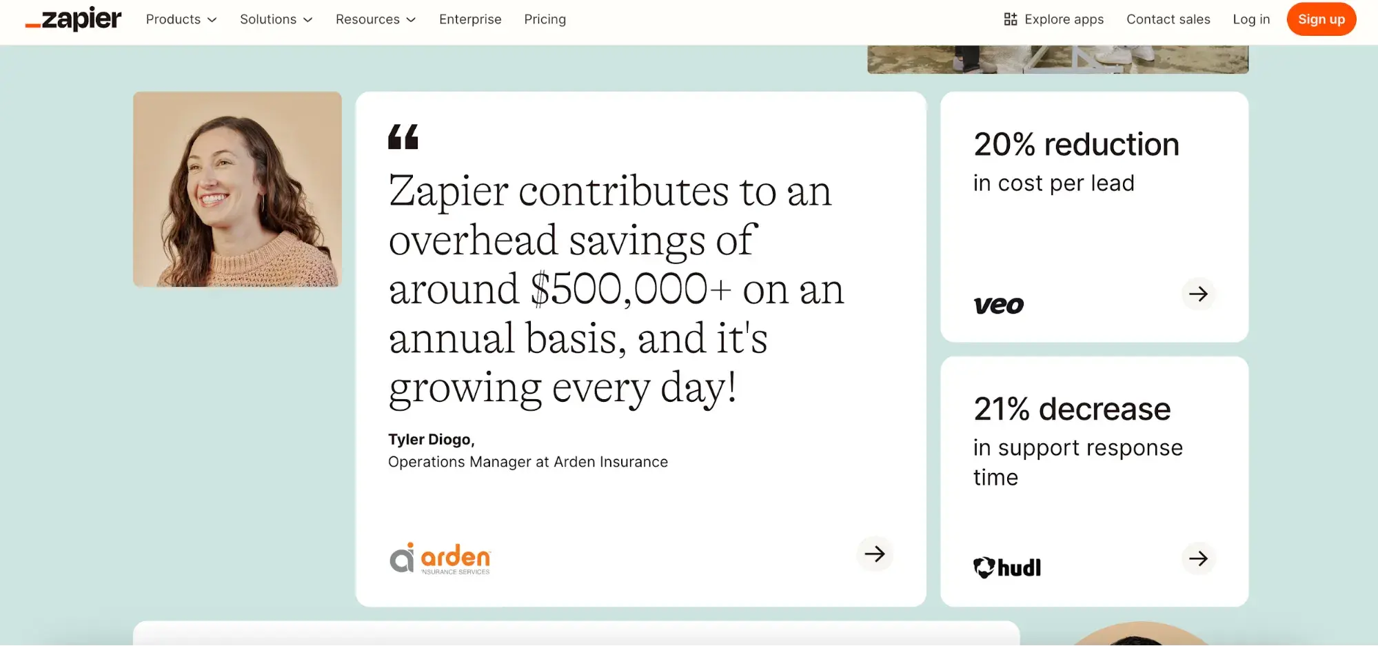 screenshot of zapier’s landing page, featuring a customer quote and photo.https://zapier.com/