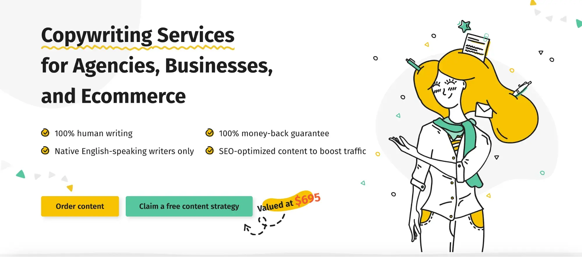 screenshot of getacopywriter.com, which emphasizes its products’ features: “100% human writing, 100% money-back guarantee, native english-speaking writers only, seo-optimized content to boost traffic.”https://getacopywriter.com/