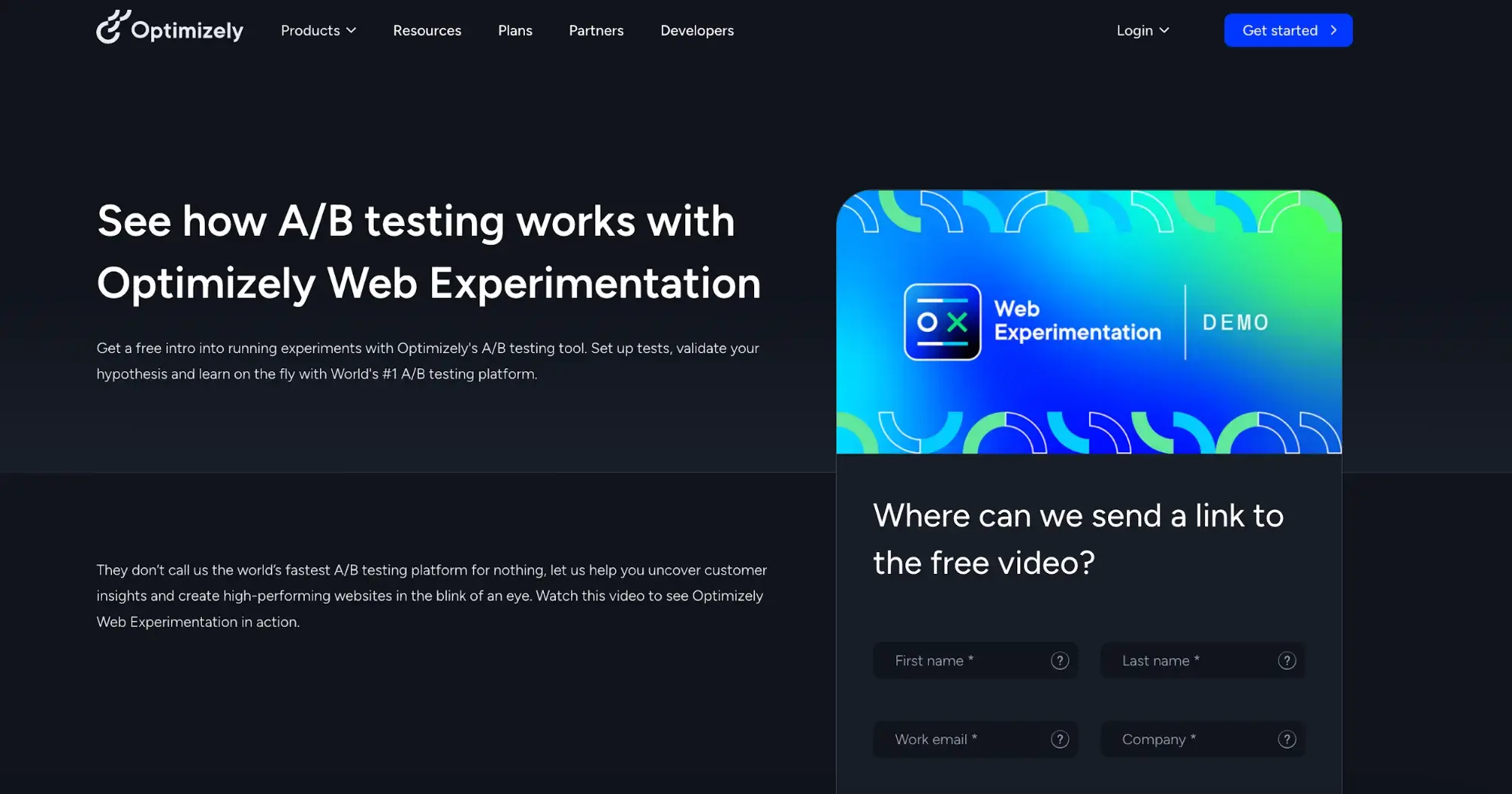 screenshot of optimizely.com’s simple landing page for its a/b testing tool. “see how a/b testing works with optimizely web experimentation.”https://www.optimizely.com/insights/web-experimentation-demo/