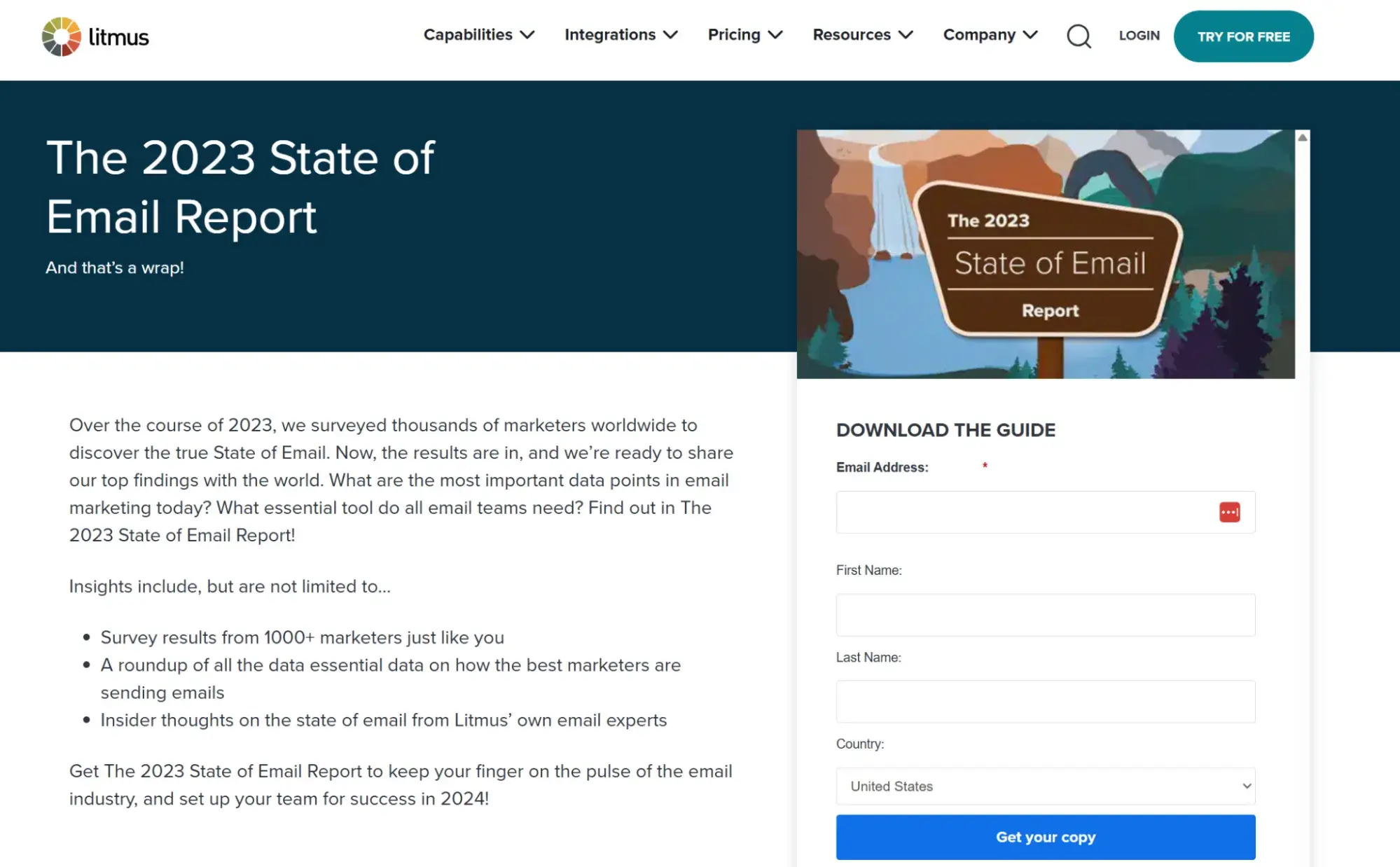 image of a landing page from litmus with the lead form on the right and information about the offer on the left