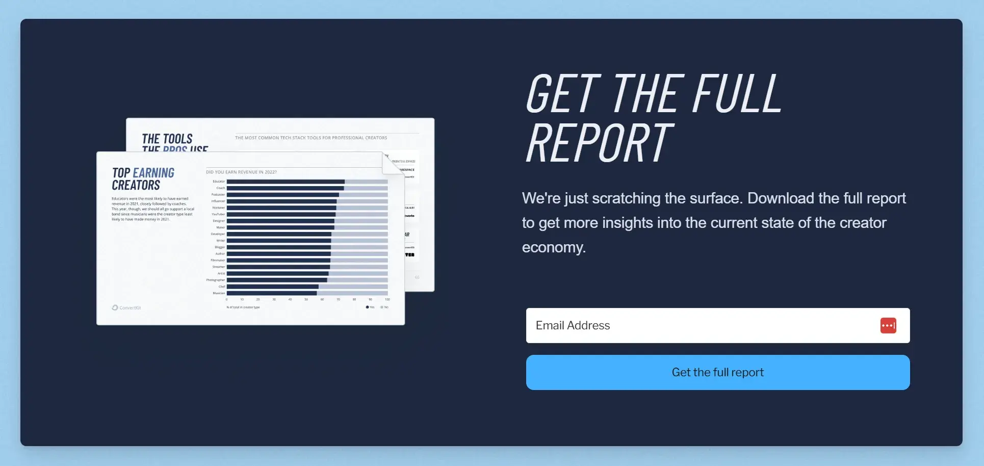 image of a lead form from convertkit’s landing page prompting visitors to download the full report