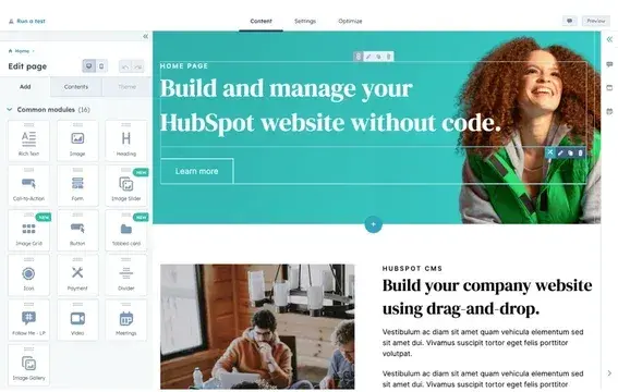 interface of hubspot’s free website builder
