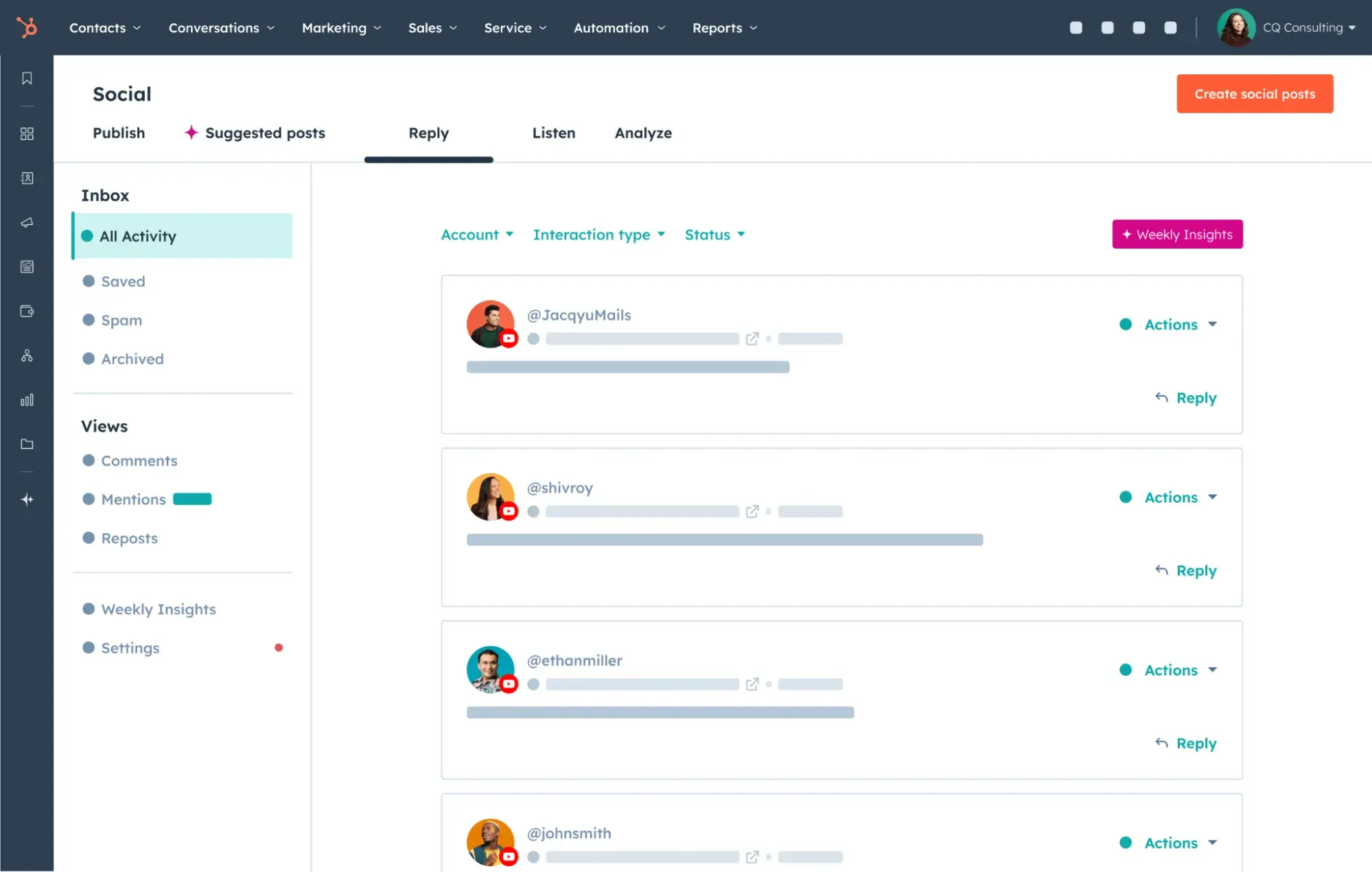 dashboard of hubspot’s social media inbox