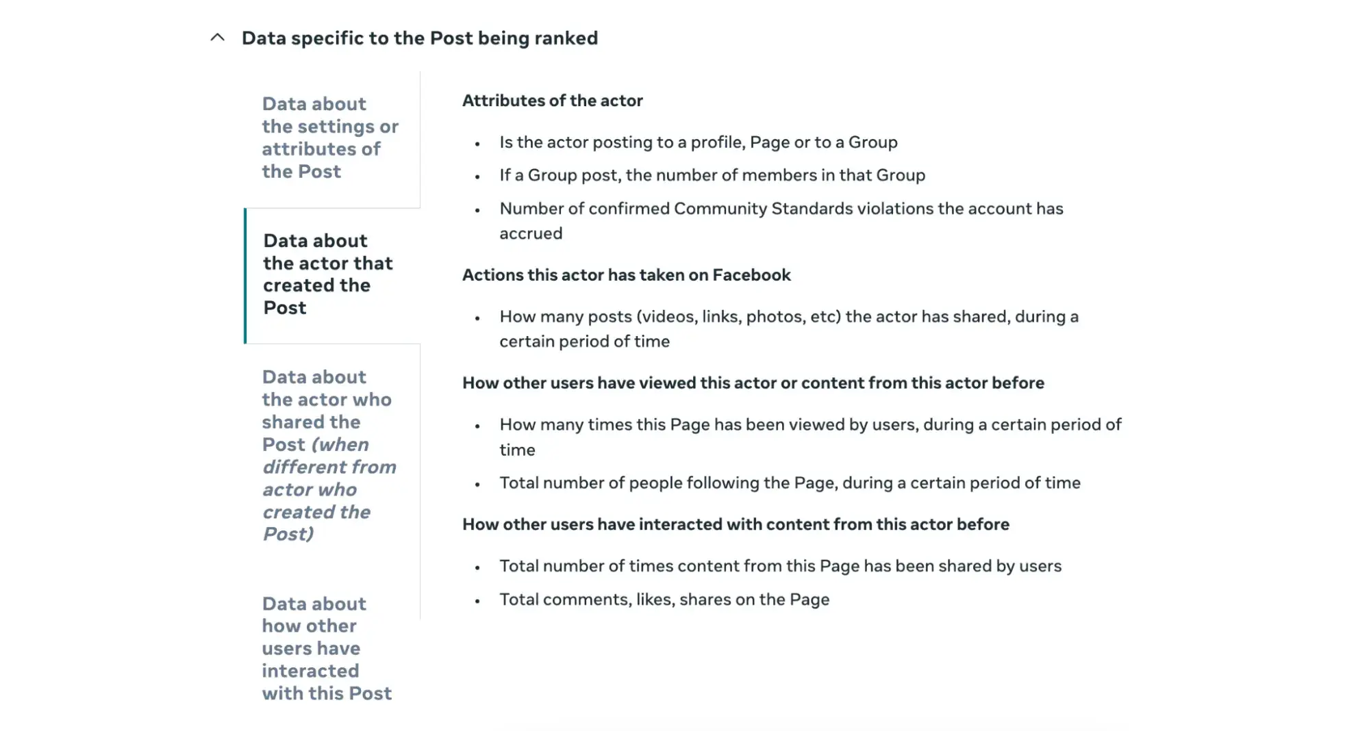 screenshot of meta’s content ranking criteria including social media engagement