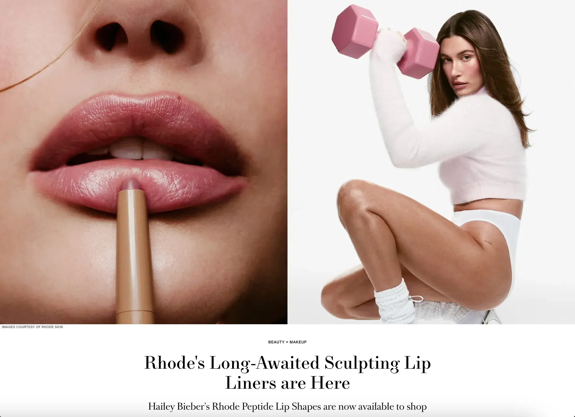 a screenshot of a harper's bazaar article covering hailey bieber's rhode peptide lip shape collection launch