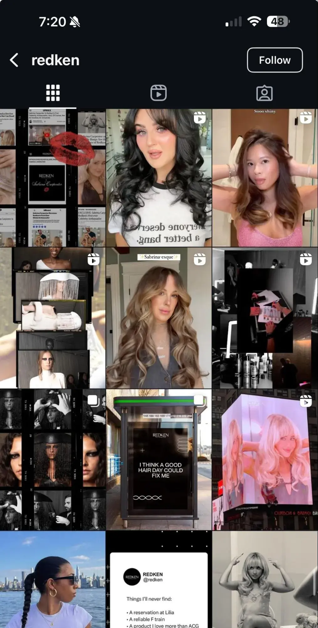 a screenshot of redken's social media feed highlighting its abc social media marketing campaign