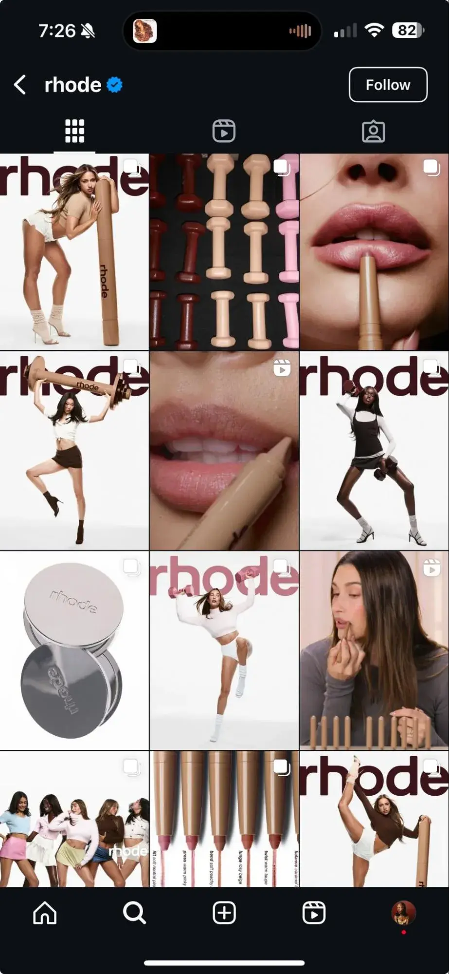 a screenshot of rhode skin’s instagram feed featuring the social media marketing campaign for the rhode skin peptide lip shape liners