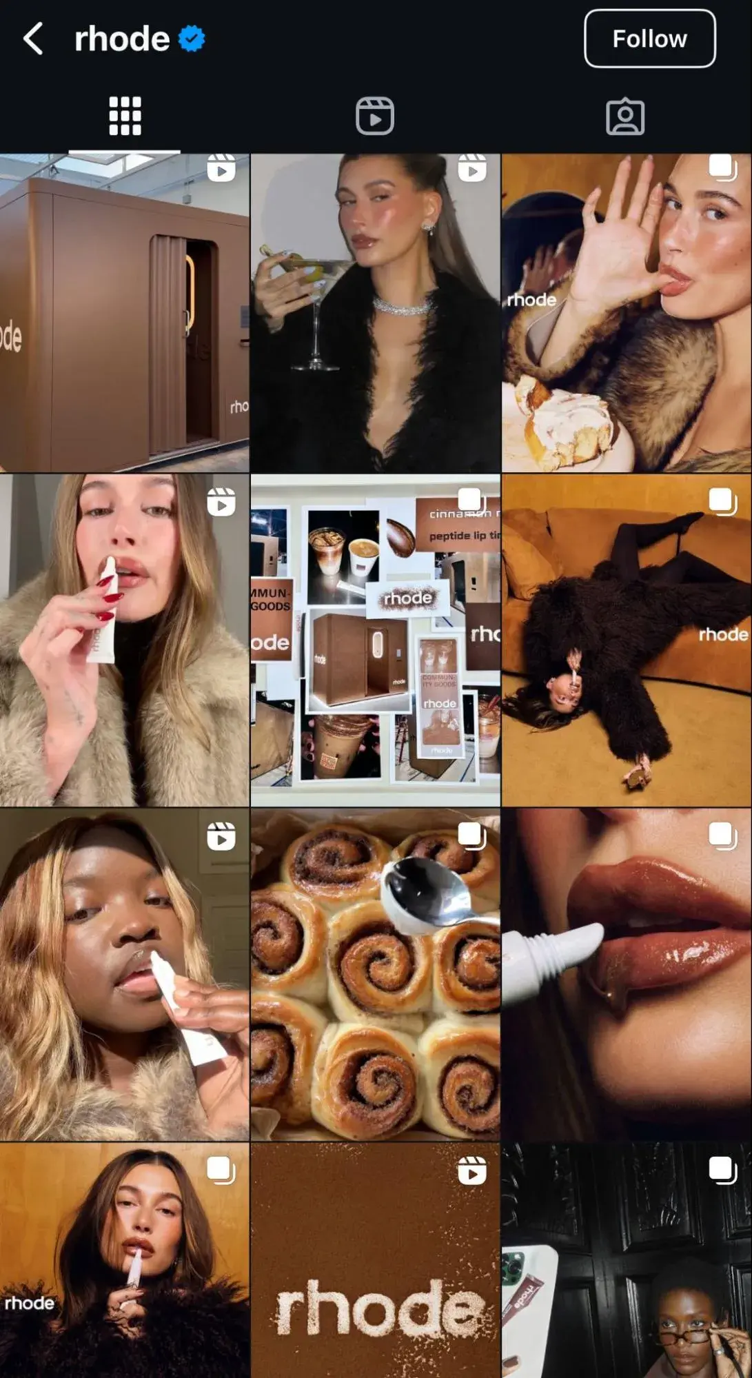 a screenshot of rhode skin’s instagram feed featuring UGC, branded content, and thumbnails of hailey bieber using rhode products
