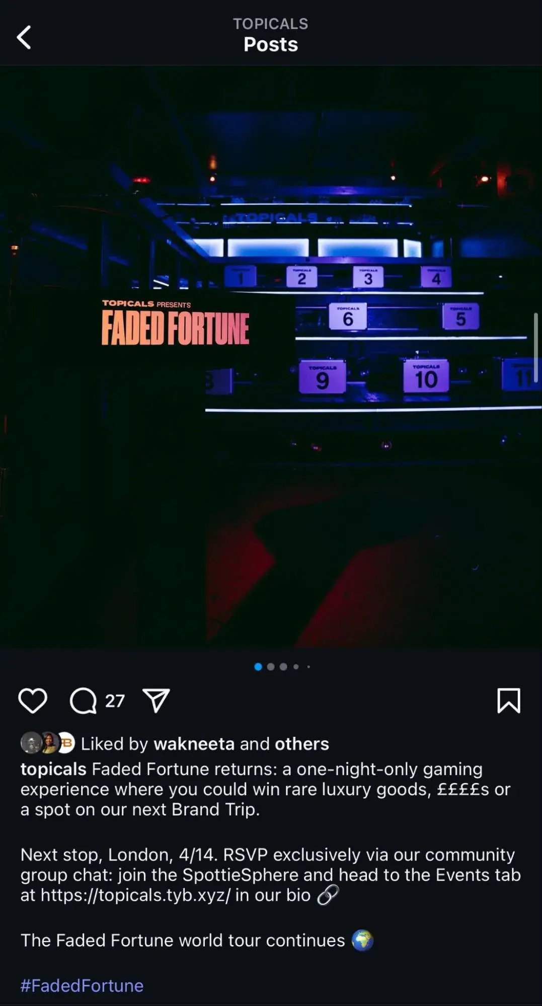 a screenshot of topicals’ faded fortune social media marketing campaign post