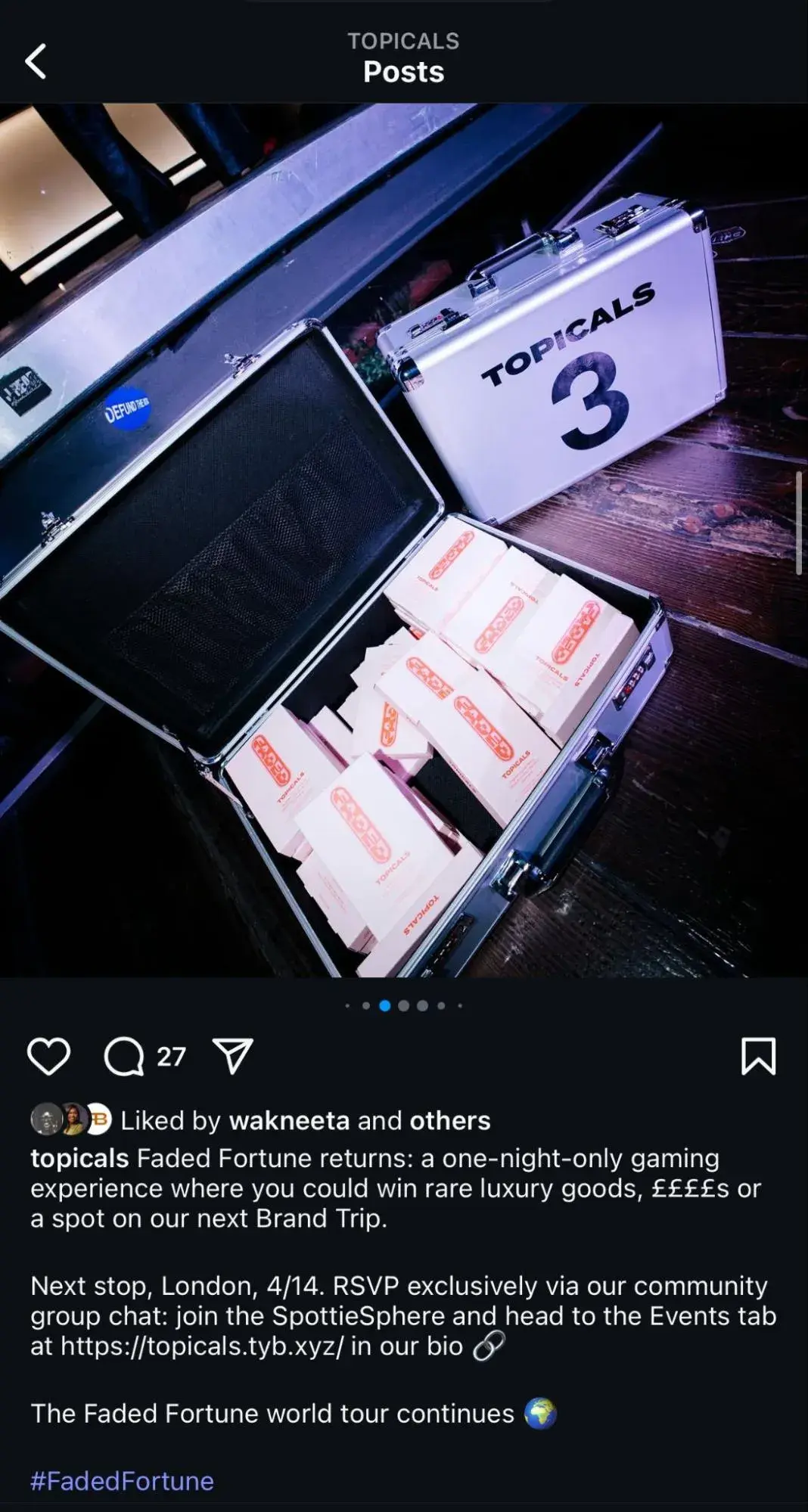 a screenshot of topicals’ faded fortune social media marketing campaign post highlighting topicals skincare products in a wheel of fortune-style briefcase